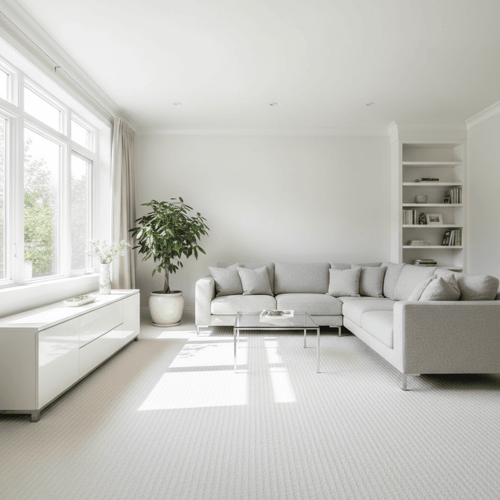 Bright living room with vacuumed carpet and freshly dusted surfaces