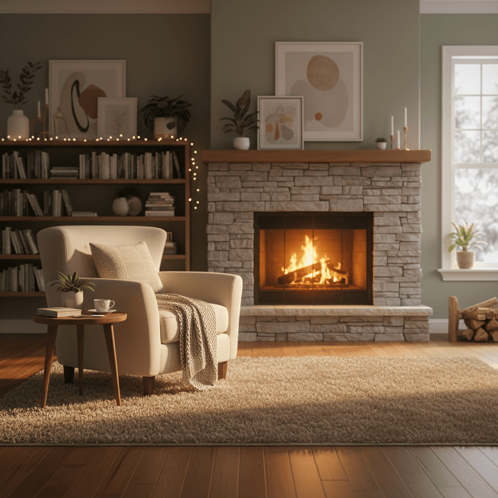 Clean cozy living room with armchair and warm light