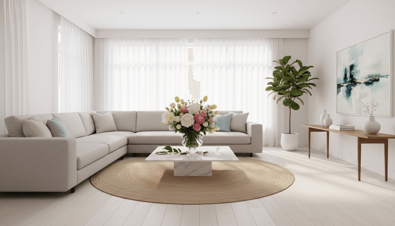 Clean bright living room with natural light and fresh flowers on coffee table