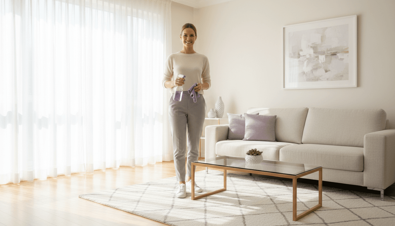 Clean living room with professional cleaner holding supplies