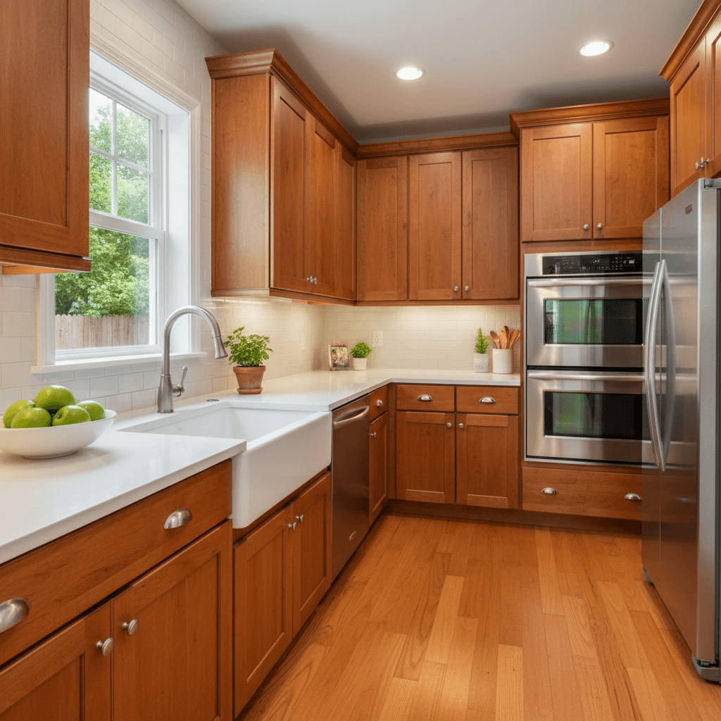 Sparkling clean kitchen with wooden cabinets
