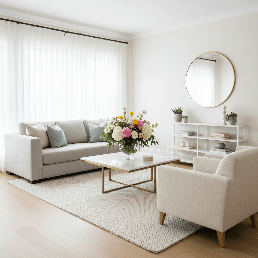 Bright clean living room with fresh flowers on a coffee table