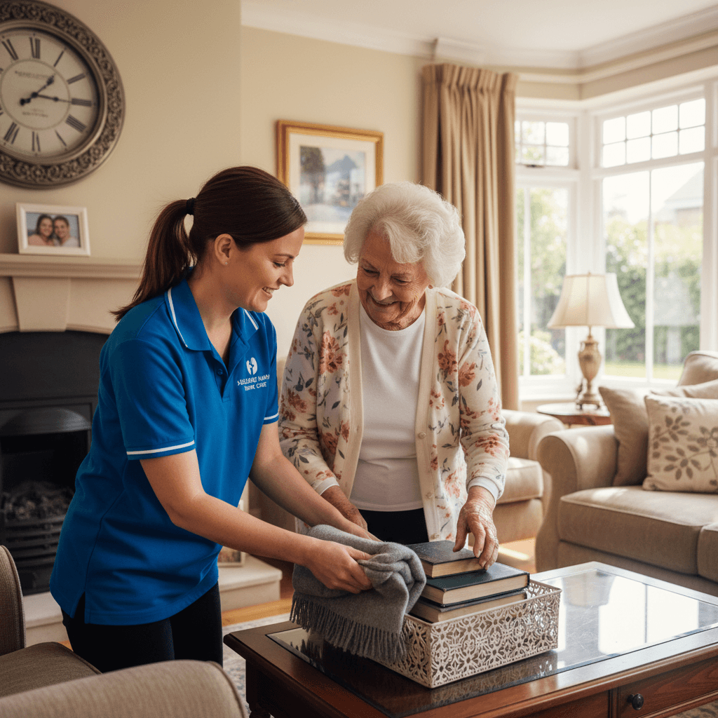 Professional cleaner helping a senior woman tidy her living room