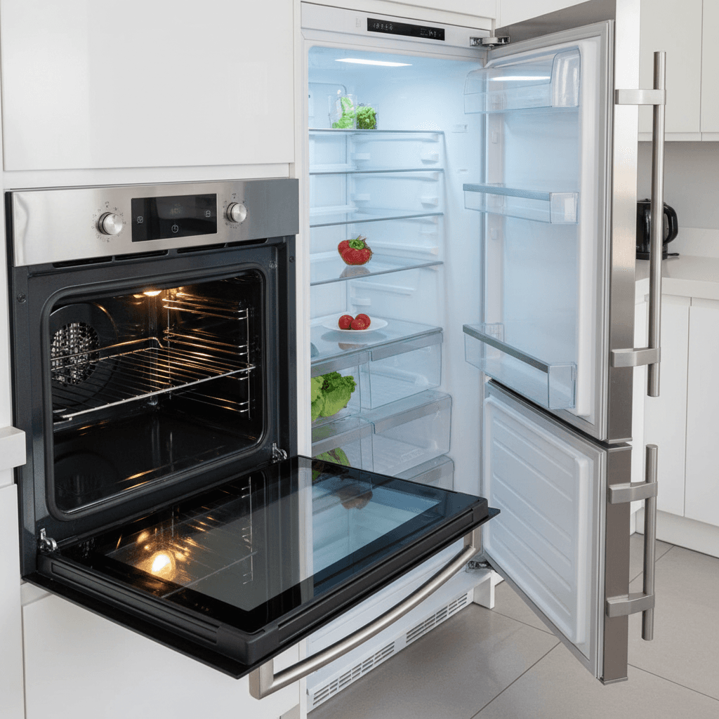 Clean oven and fridge with sparkling interior and polished handles