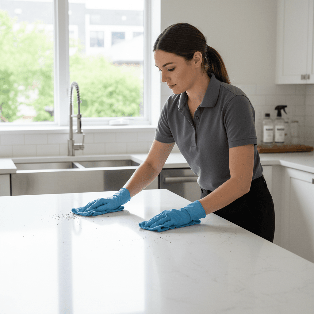 Professional cleaner wiping a kitchen counter with a cloth