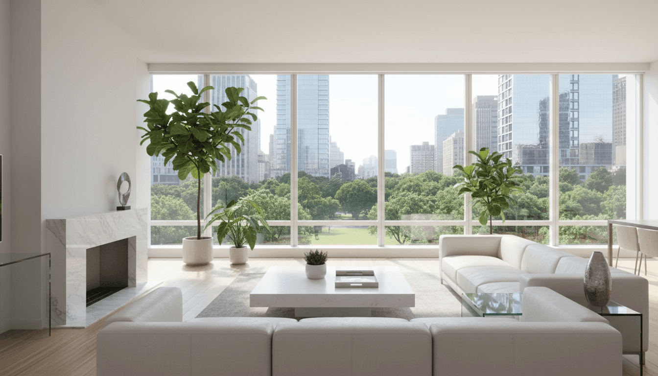 Bright clean living room with fresh linens and a tidy open floor plan in natural light