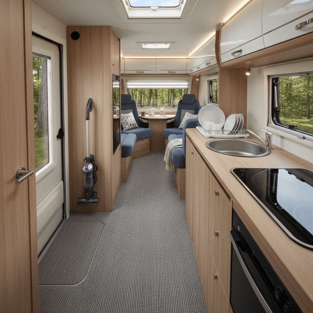 Clean camper RV interior with tidy counters and vacuumed floors