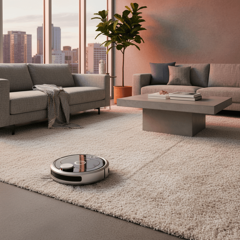 Vacuum cleaner cleaning a modern living room carpet