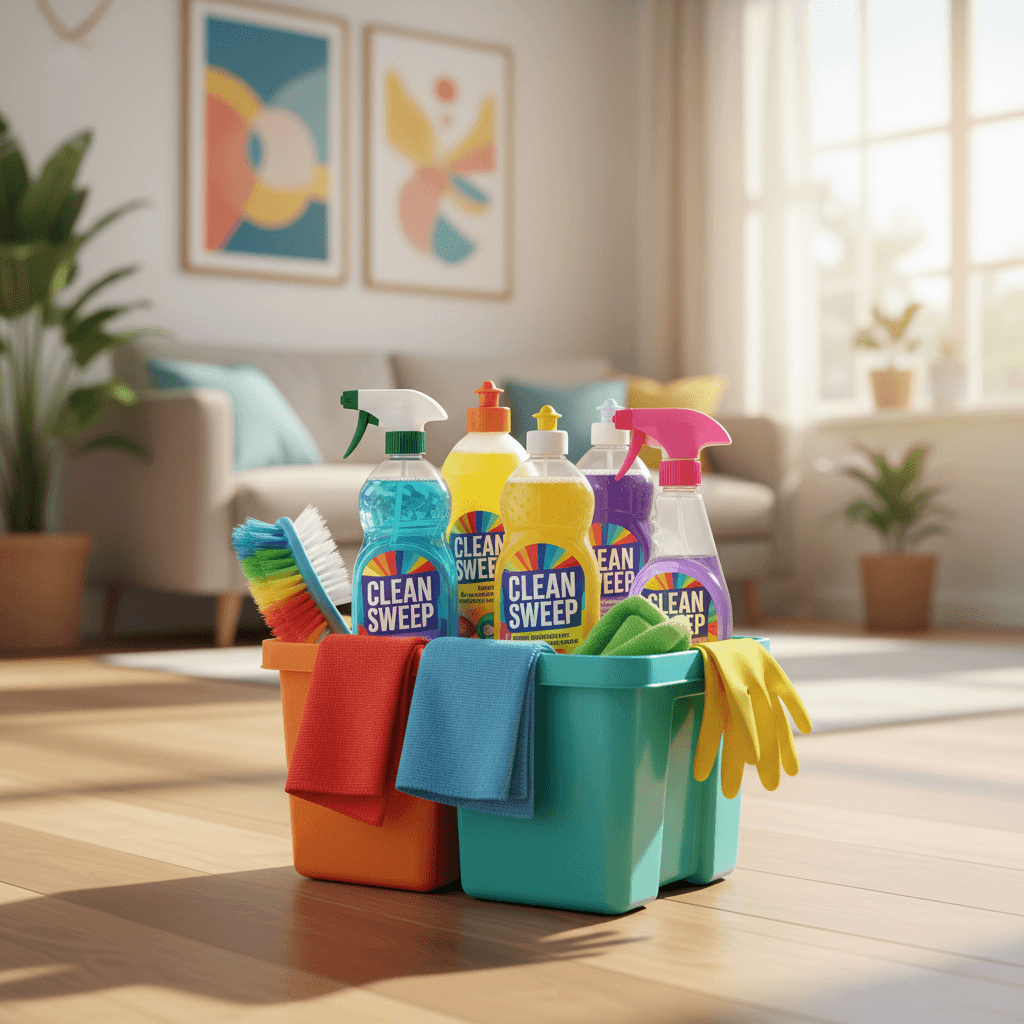Colorful cleaning supplies arranged in a caddy on a home floor