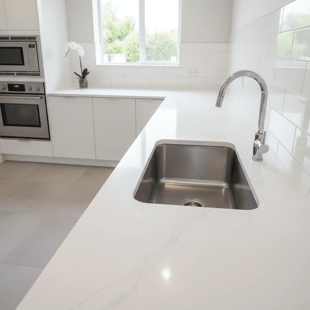 Kitchen with shiny counters and a spotless sink after a deep clean