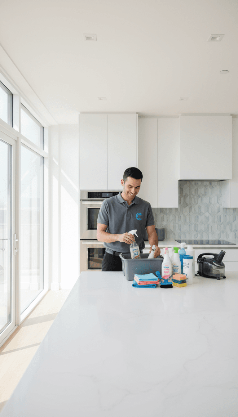 Professional cleaner with supplies in a bright kitchen
