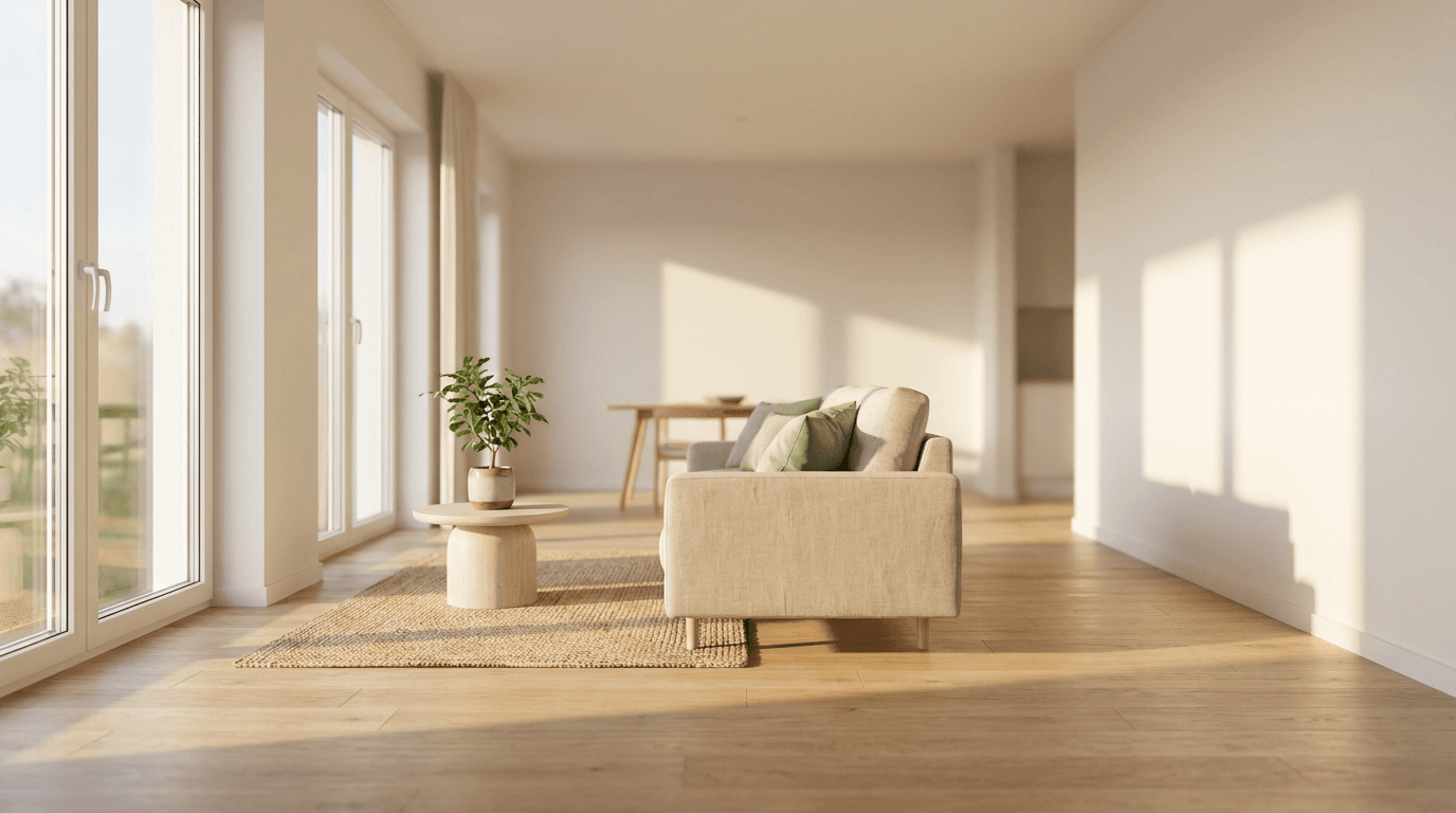 Bright, clean living room with fresh flowers and natural light