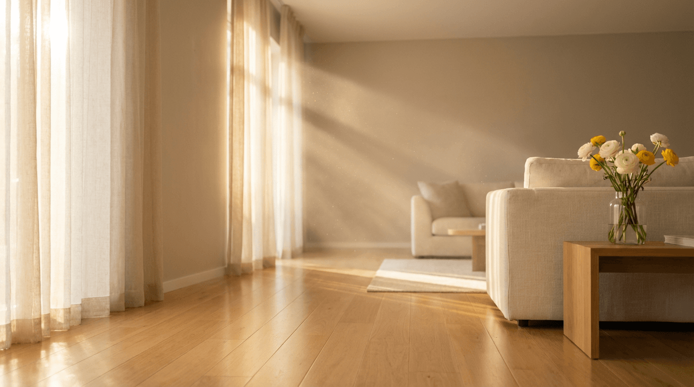 Bright and tidy living room with natural light