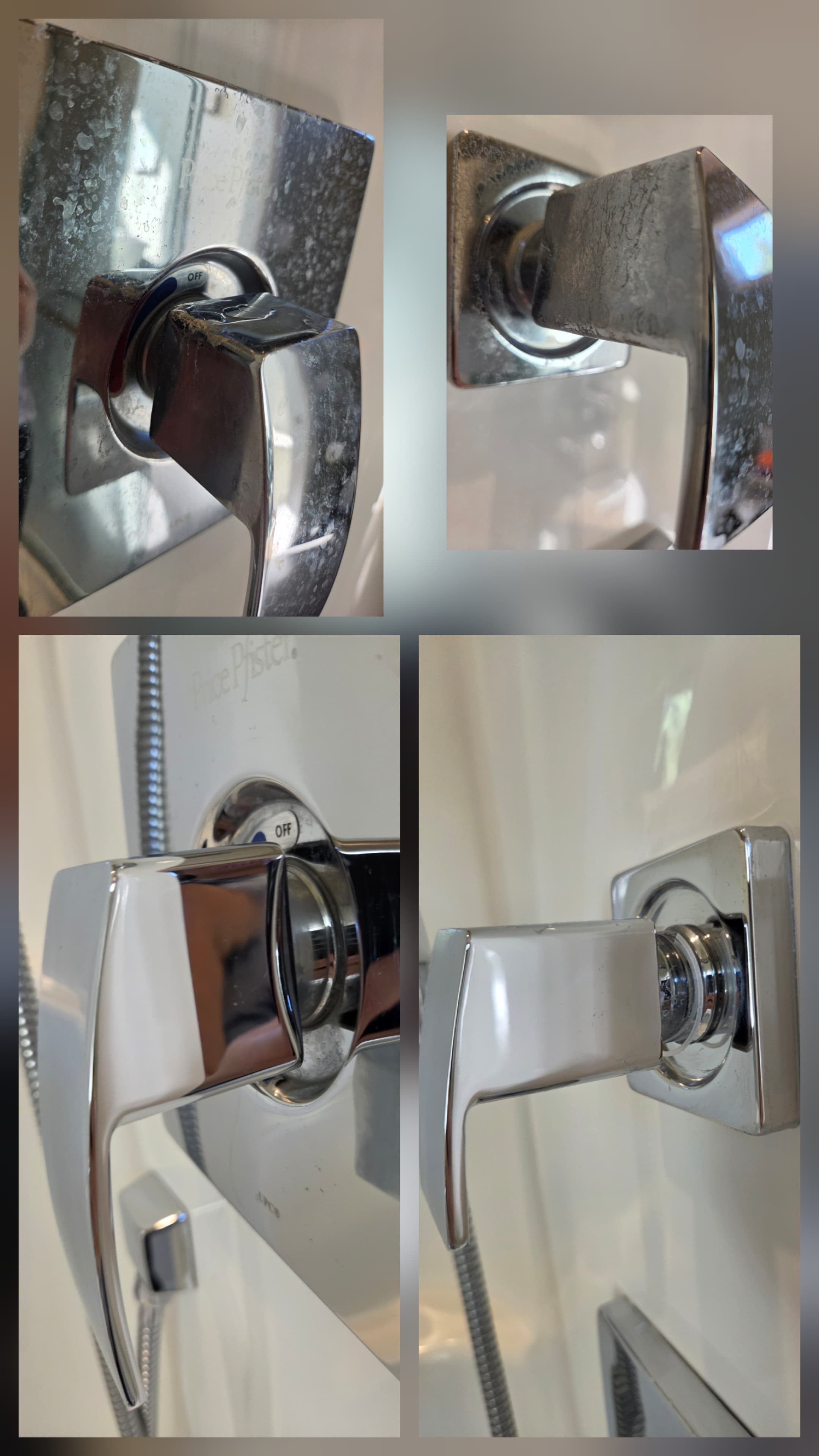 Before and after photos of a chrome shower handle cleaned of hard water stains.