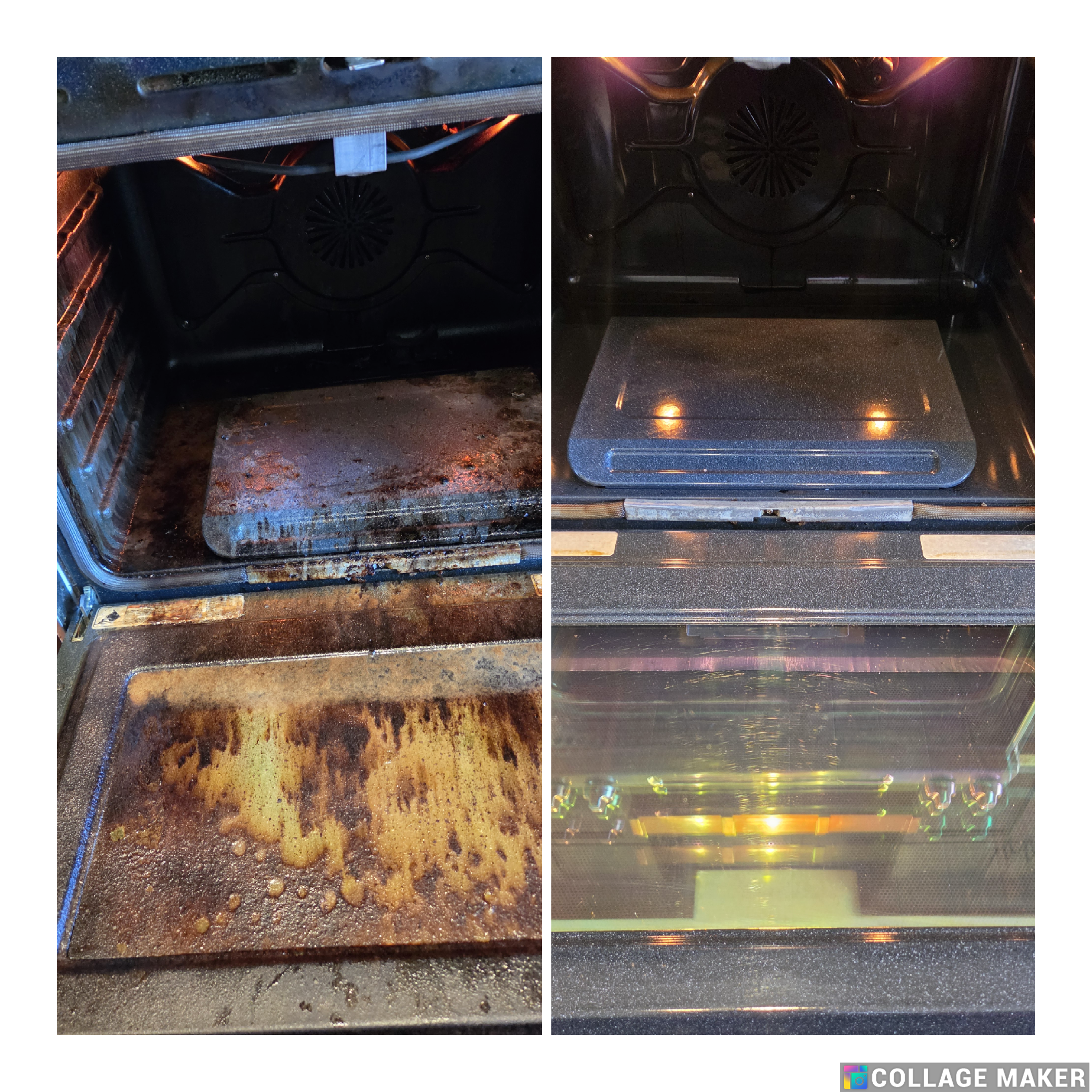 Side-by-side comparison of a greasy, dirty oven interior and a sparkling clean, restored oven.
