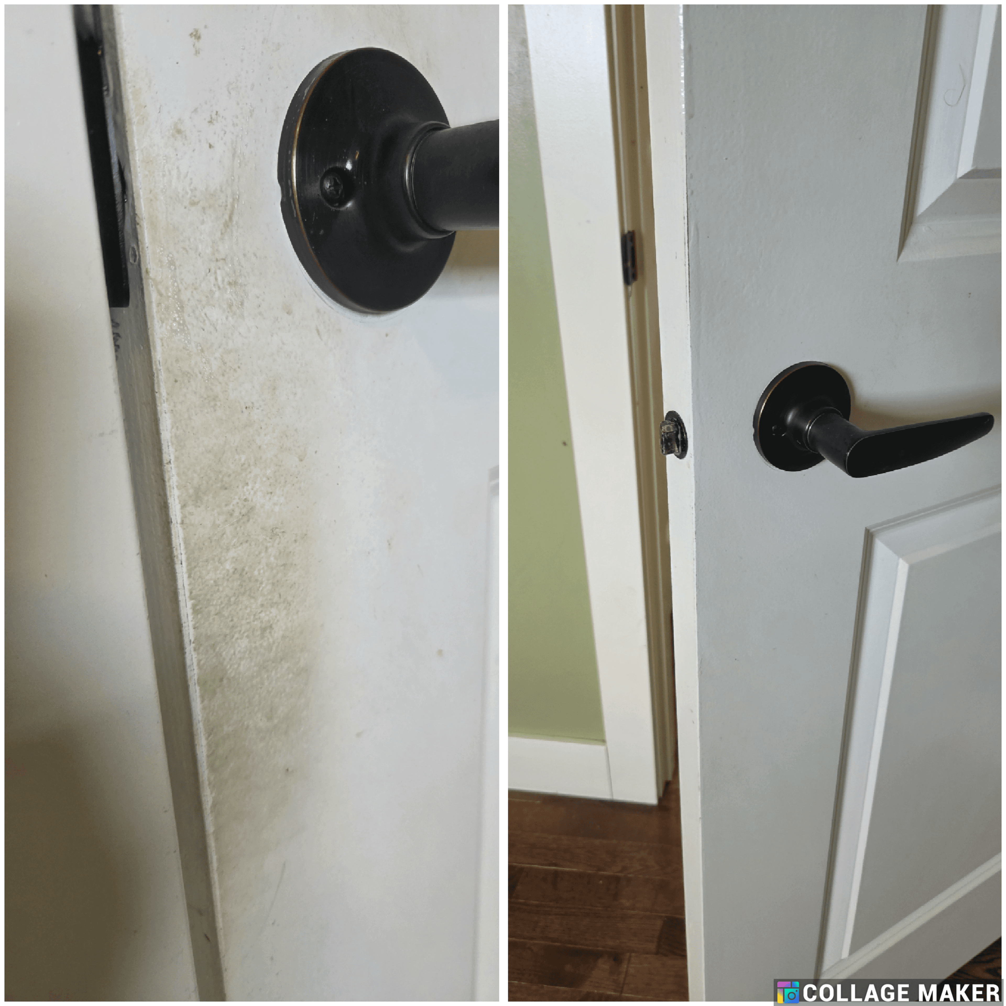 Before and after photos of a grimy white door being cleaned near the black handle.
