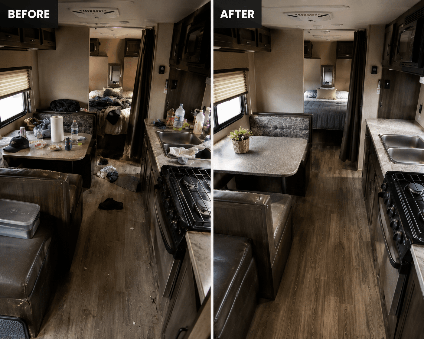Side-by-side comparison of a messy RV interior transformed into a clean, organized living space.