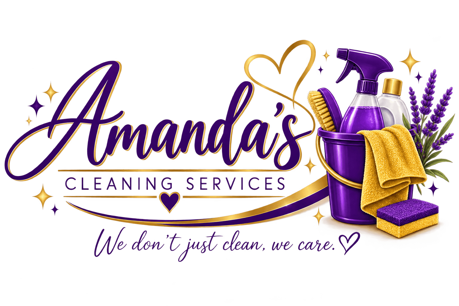 Amanda's Cleaning Services logo featuring purple script, gold accents, and a bucket of cleaning supplies.